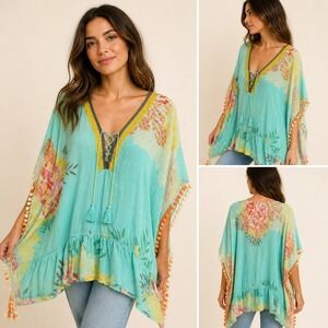Z&L 100% Cotton Floral Poncho Top OS Aqua Boho Lace Up Tassel Pom Pom Cover Up